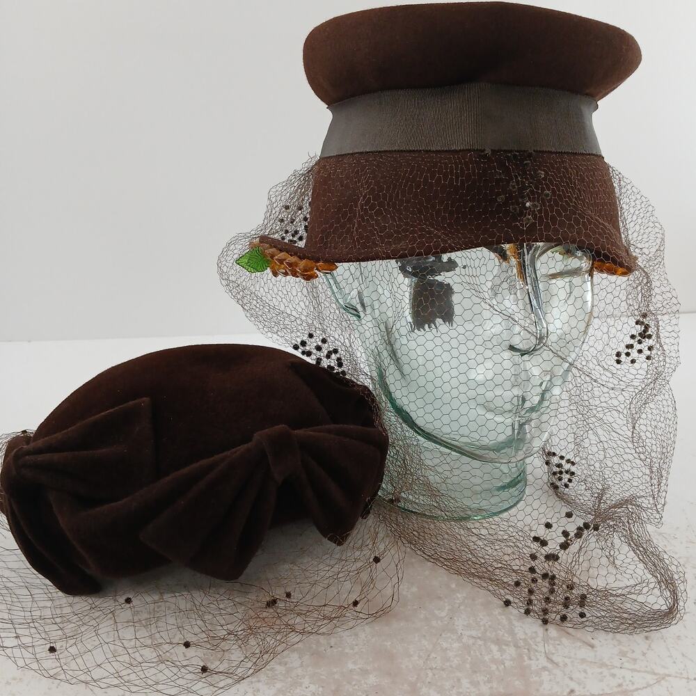 Vintage Women’s Brown Hats Lot of 2 Veiled Fascinator Velvet Pillbox Mid Century